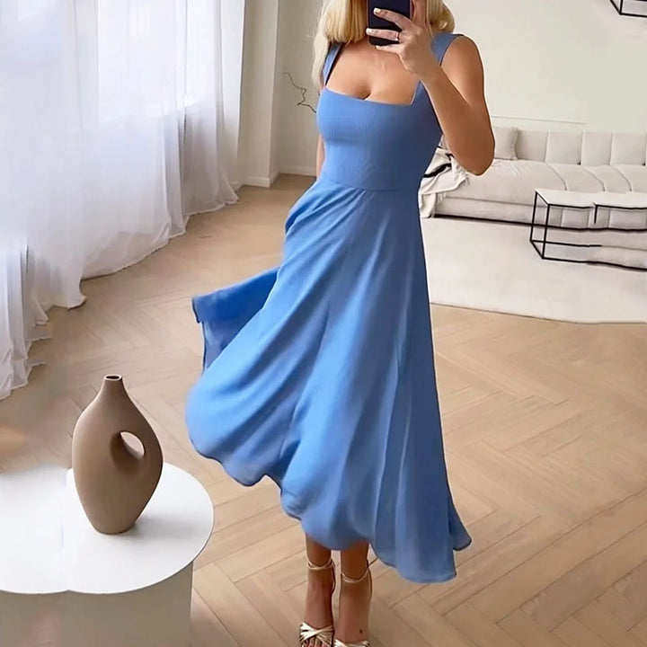 Women's Wedding Guest Square Neck Midi Dress – Flowy Formal Occasion Dress