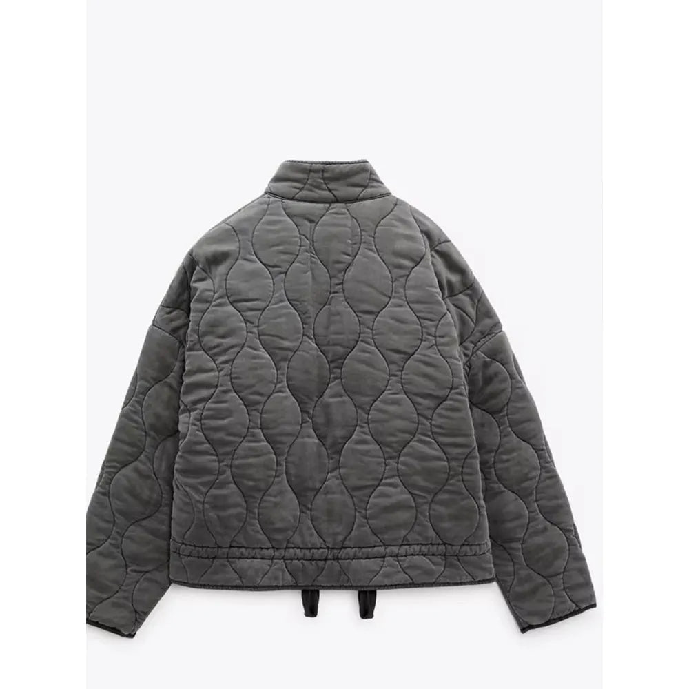Women's Vintage Winter Jacket – Drawstring Pocket Zip-Up Jacket