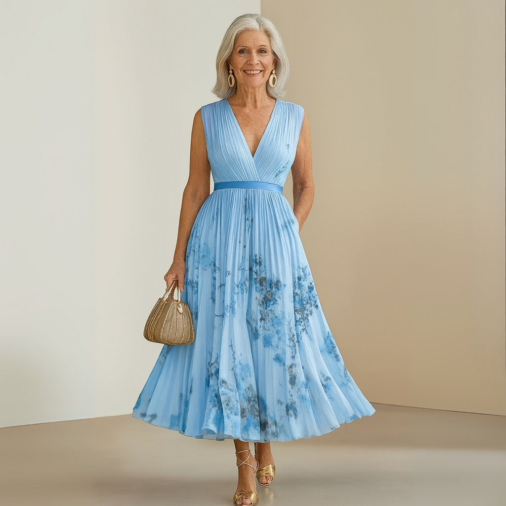 Women's Wedding Guest Floral Maxi Dress – Sleeveless Pleated Flowy Dress