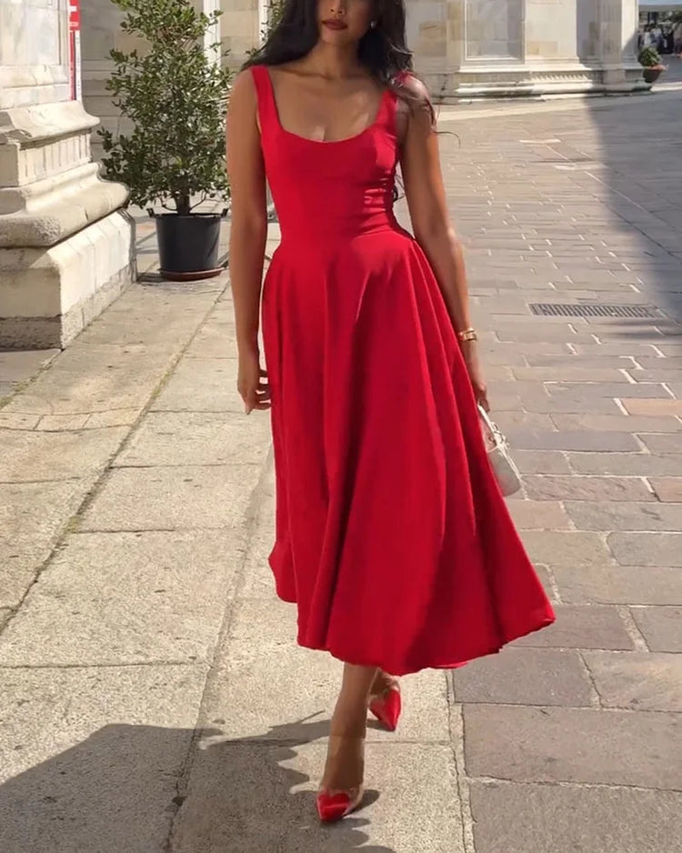Women's Red Bodycon Midi Dress – Strappy Fitted Cocktail Dress