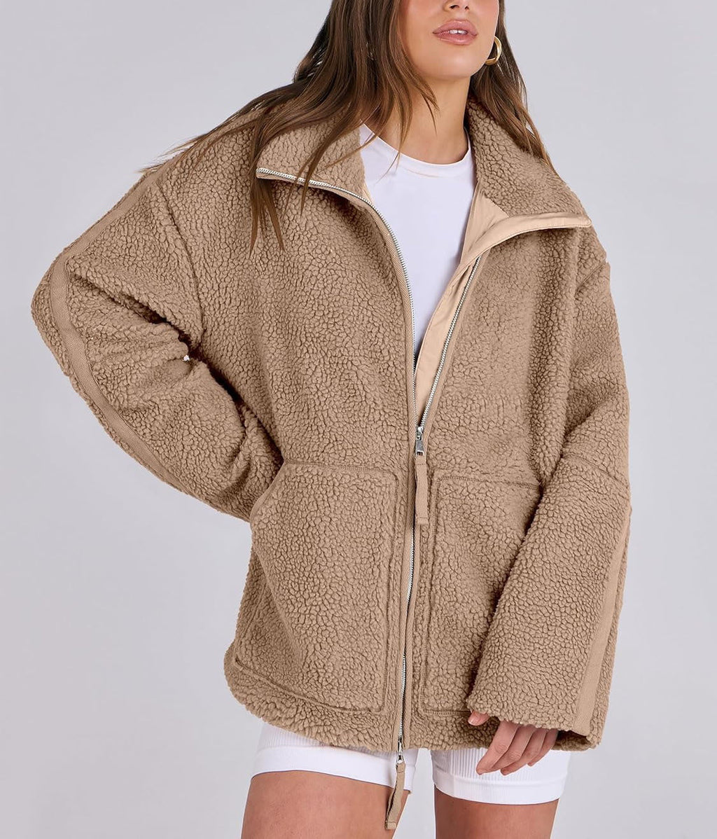 Women's Oversized Fleece Jacket – Zip-Up Long Sleeve Winter Jacket