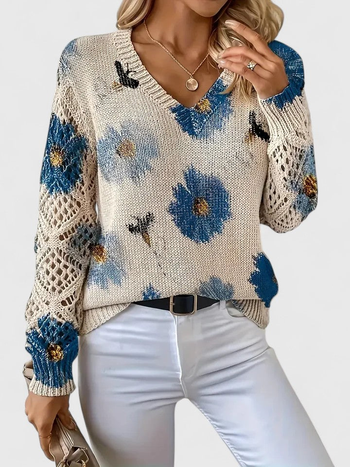 Women's Floral Button Cardigan – V-Neck Flower Pattern Knit Cardigan