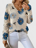 Women's Floral Button Cardigan – V-Neck Flower Pattern Knit Cardigan