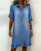 Women's Button Front Shirt Dress – Knee-Length Flounce Sleeve Dress