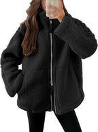 Women's Oversized Fleece Jacket – Zip-Up Long Sleeve Winter Jacket