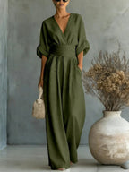 Women's V-Neck Wide Leg Jumpsuit – High Waist Pocket Evening Jumpsuit