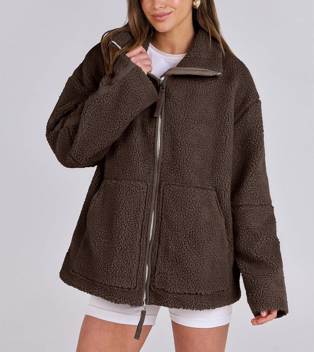 Women's Oversized Fleece Jacket – Zip-Up Long Sleeve Winter Jacket