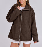 Women's Oversized Fleece Jacket – Zip-Up Long Sleeve Winter Jacket