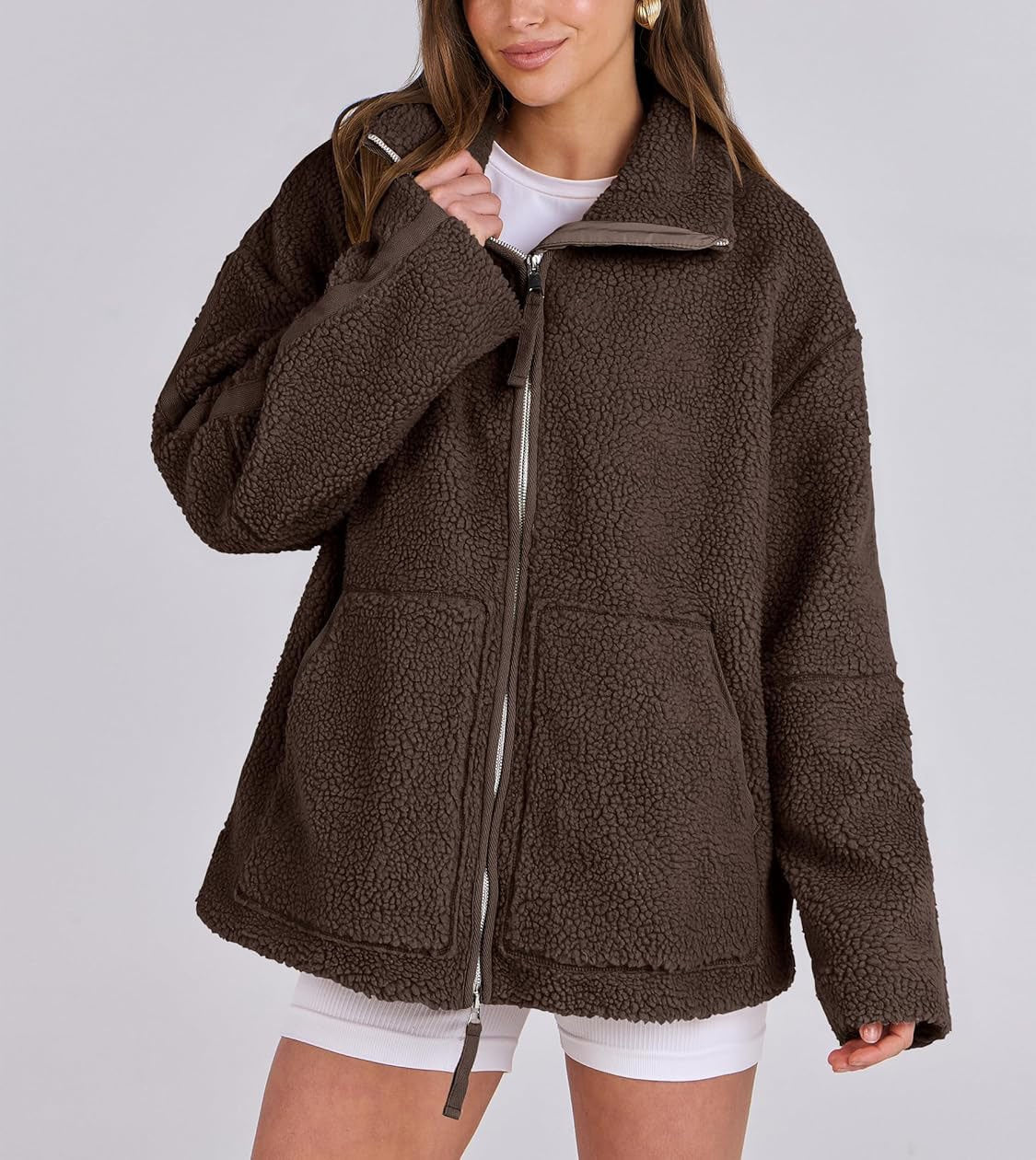 Women's Oversized Fleece Jacket – Zip-Up Long Sleeve Winter Jacket