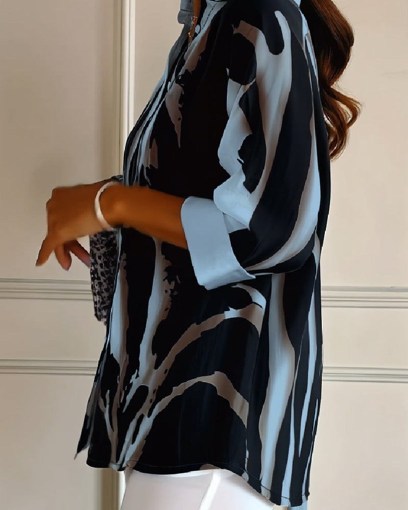 Women's Printed Stand Collar Blouse – Asymmetrical Long Sleeve Blouse