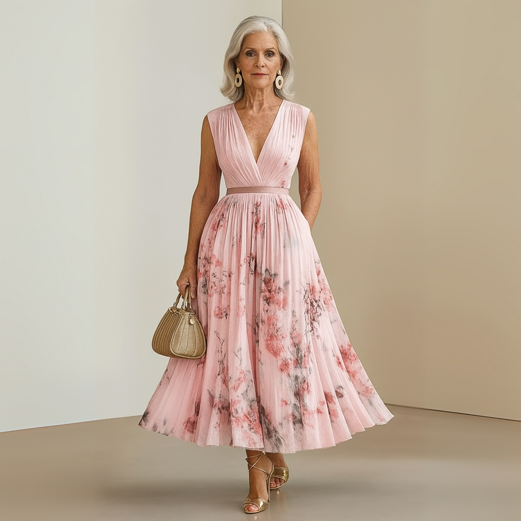 Women's Wedding Guest Floral Maxi Dress – Sleeveless Pleated Flowy Dress