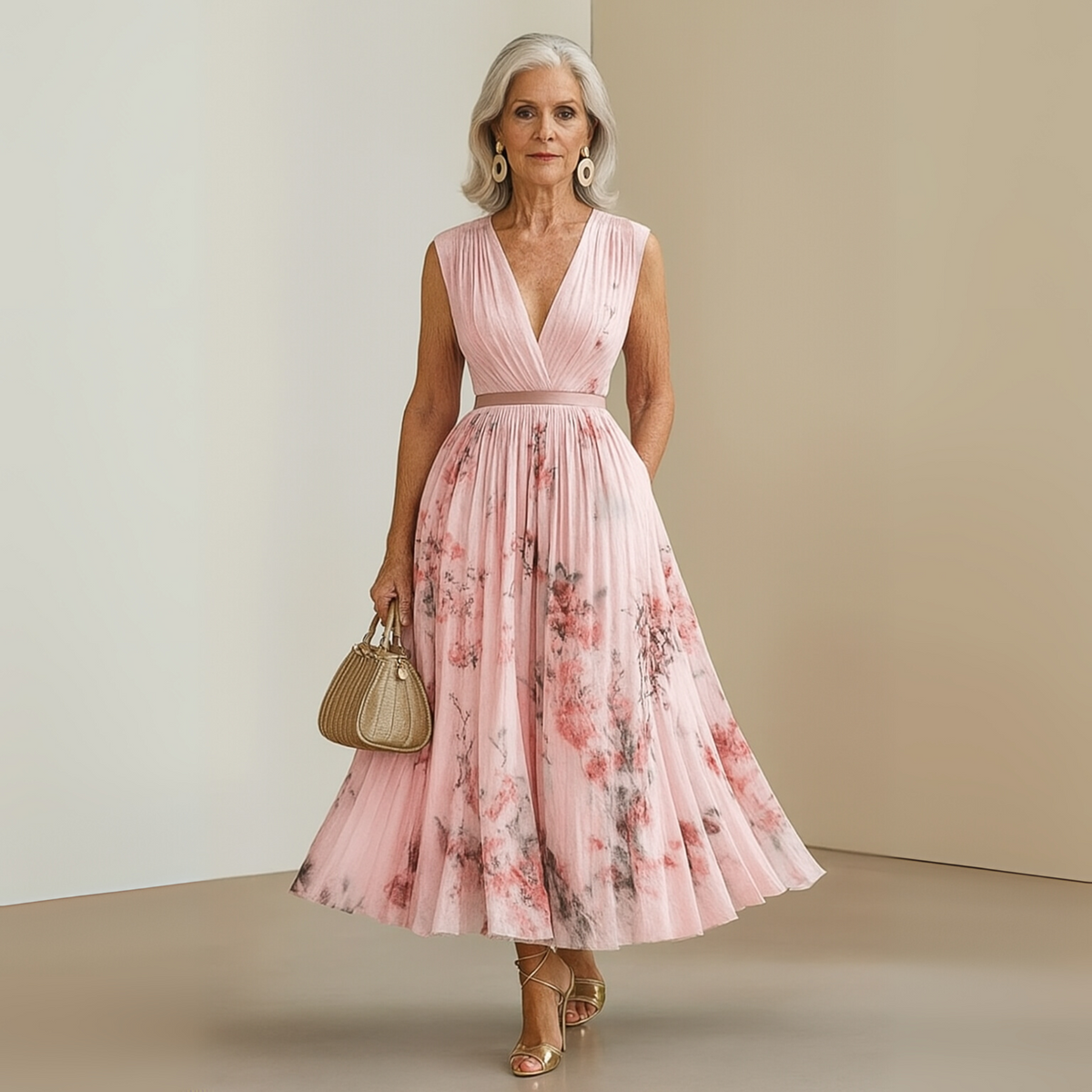 Women's Wedding Guest Floral Maxi Dress – Sleeveless Pleated Flowy Dress