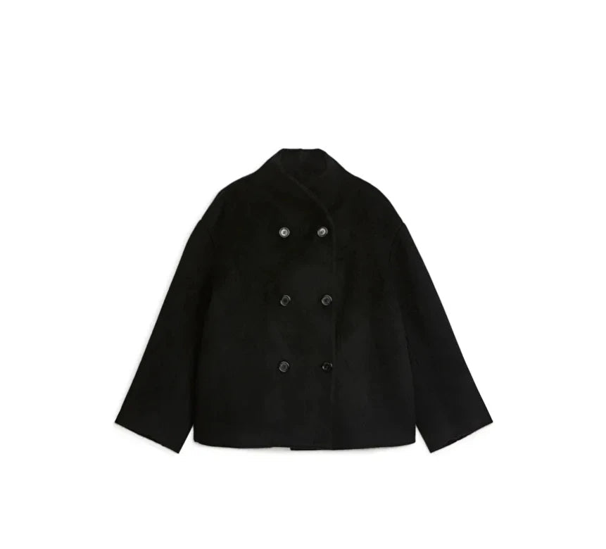 Women's Double-Breasted Winter Coat – Stand Collar Relaxed Coat