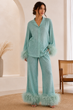 Women's Feather Sequin Pants Set – Glitter Blouse Wide Leg Party Set