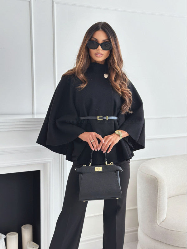 Women's Belted Cape Coat – Flowy Butterfly Sleeve Overcoat