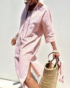 Women's Belted Shirt Dress – Striped Midi Dress
