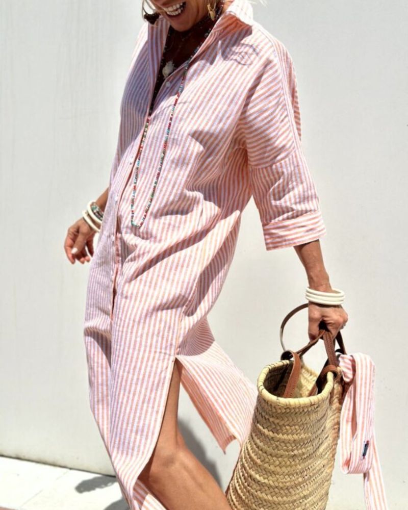Women's Belted Shirt Dress – Striped Midi Dress