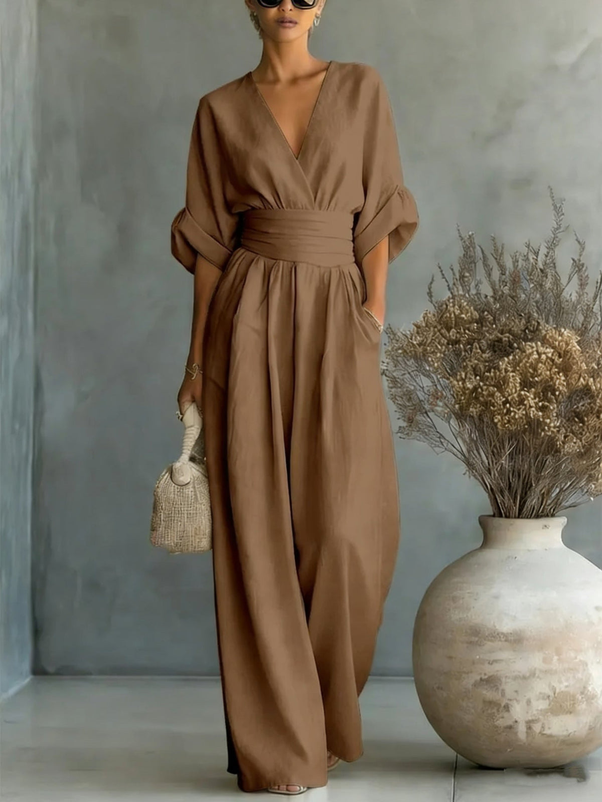 Women's V-Neck Wide Leg Jumpsuit – High Waist Pocket Evening Jumpsuit