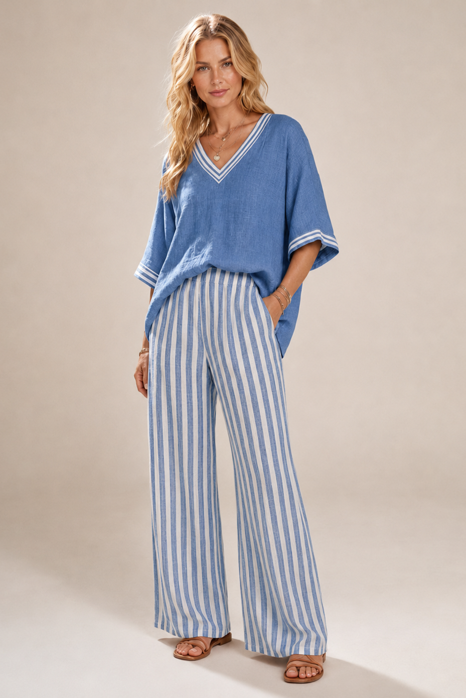 Women's Wide Leg Two-Piece Set – Striped Summer Set