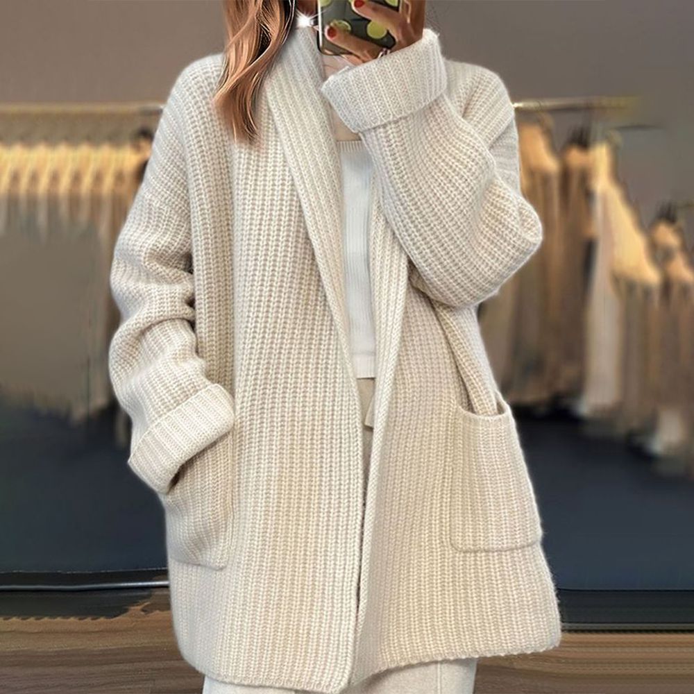 Women's White Long Sleeve Cardigan – Classic Crew Neck Layering Cardigan