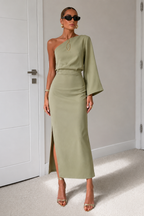 Women's Pleated Maxi Dress – Flowy Green Day-to-Night Dress