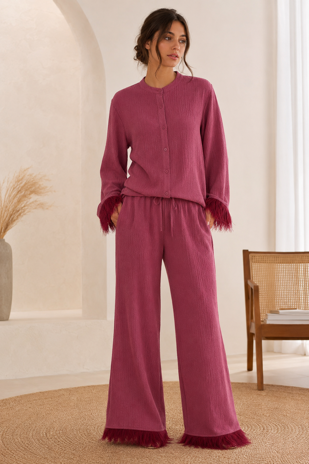 Women's Feather Sequin Pants Set – Glitter Blouse Wide Leg Party Set