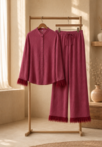 Women's Feather Sequin Pants Set – Glitter Blouse Wide Leg Party Set