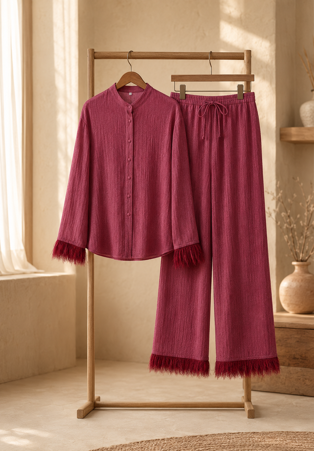 Women's Feather Sequin Pants Set – Glitter Blouse Wide Leg Party Set