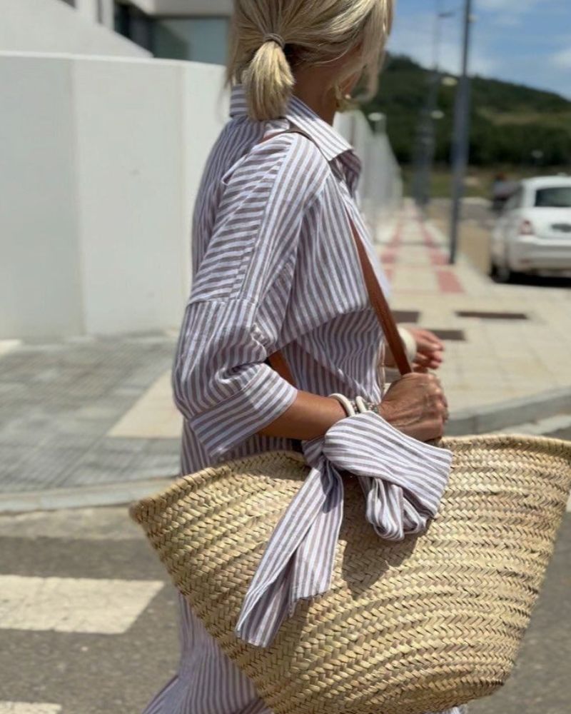 Women's Belted Shirt Dress – Striped Midi Dress