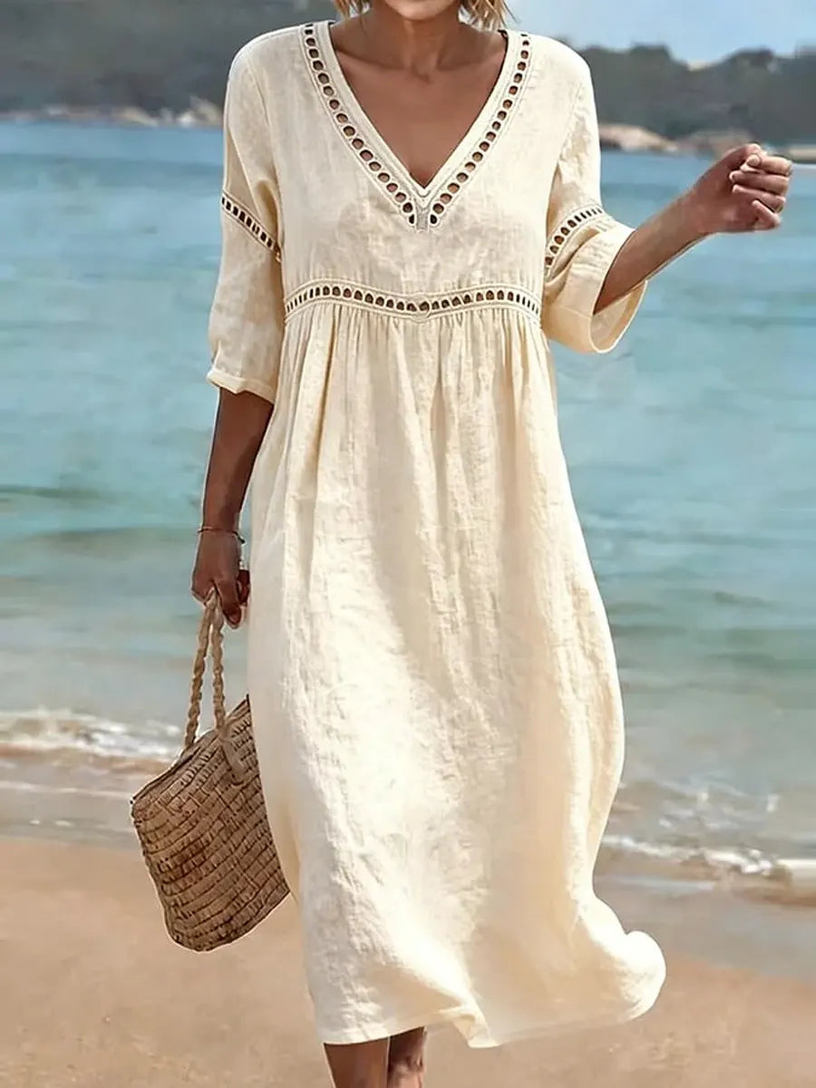 Women's V-Neck Midi Dress – Short Sleeve Pocket Summer Dress