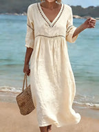 Women's V-Neck Midi Dress – Short Sleeve Pocket Summer Dress
