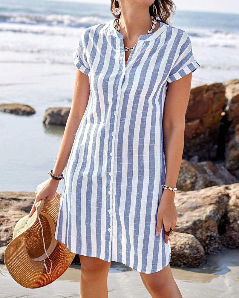 Women's Button-Up Shirt Dress – Striped Midi Dress