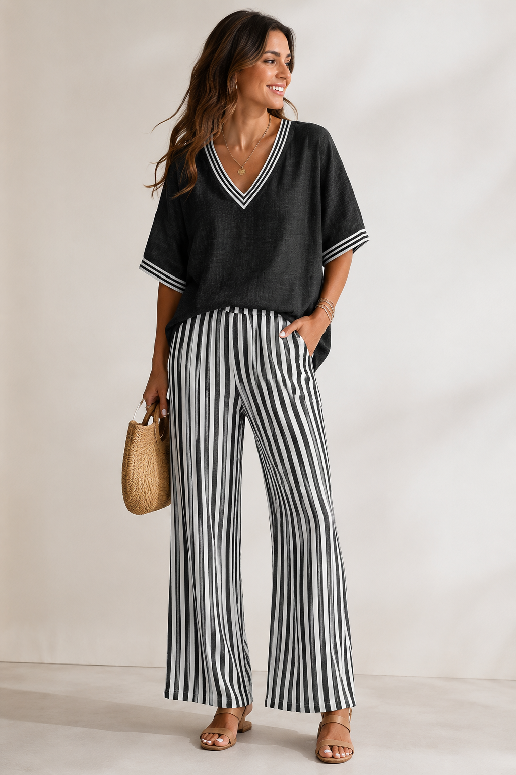 Women's Wide Leg Two-Piece Set – Striped Summer Set