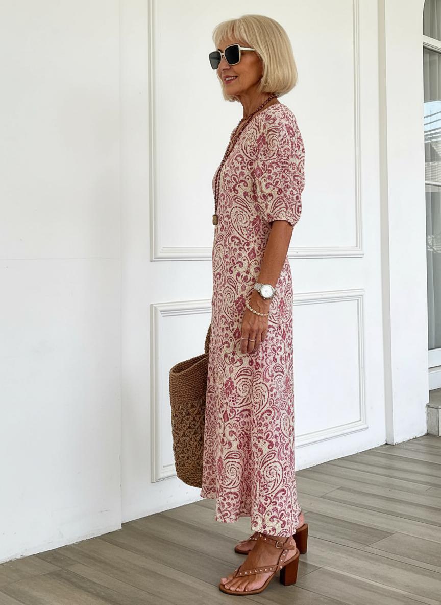 Women's Boho V-Neck Dress – Flared Printed Summer Dress