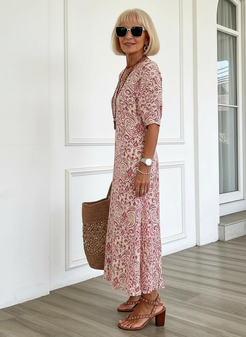 Women's Boho V-Neck Dress – Flared Printed Summer Dress