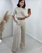 Women's Flared High Waist Pants Set – Relaxed Top Two Piece Casual Set