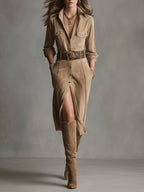 Women's Suede Effect Midi Dress – Long Sleeve Occasion Dress