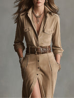Women's Suede Effect Midi Dress – Long Sleeve Occasion Dress