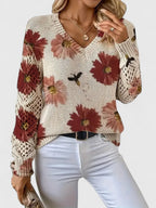 Women's Floral Button Cardigan – V-Neck Flower Pattern Knit Cardigan