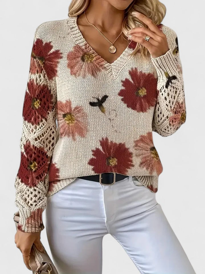 Women's Floral Button Cardigan – V-Neck Flower Pattern Knit Cardigan