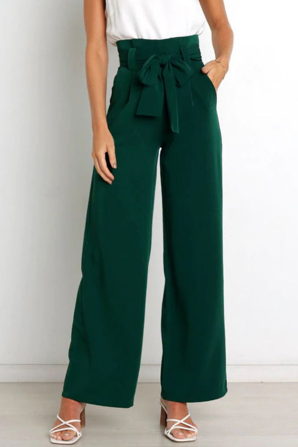 Women's Paperbag Waist Trousers – High Waist Bow Detail Wide Leg Pants