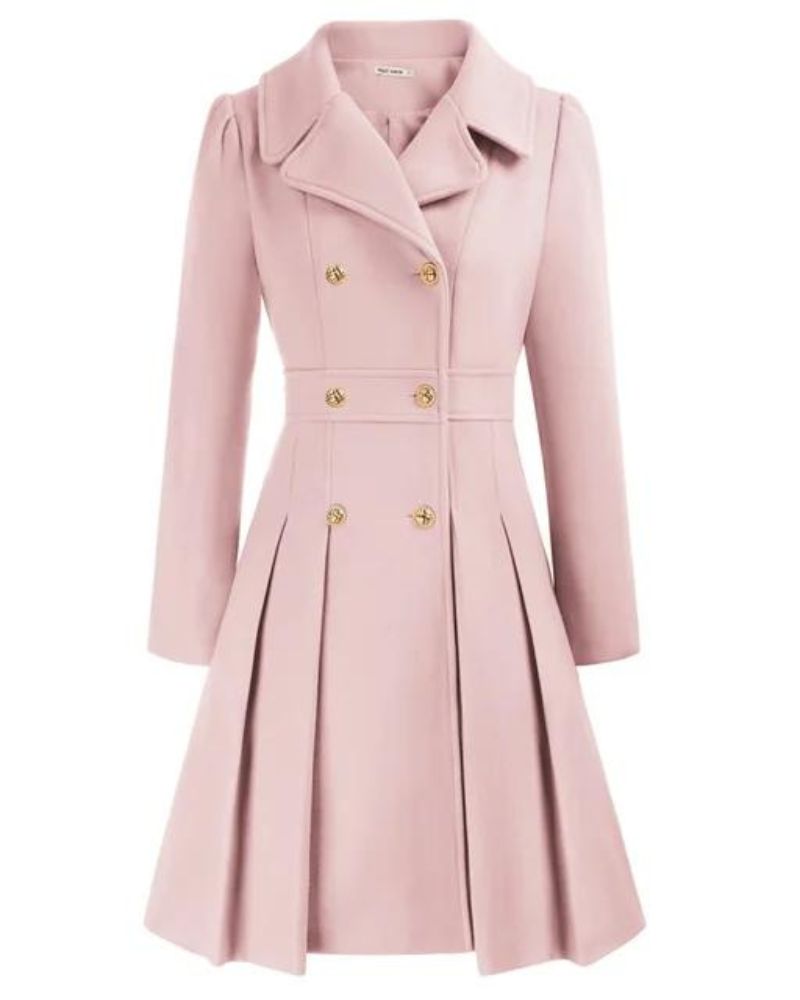 Women's Pleated Long Coat – Tailored Button Front Winter Coat