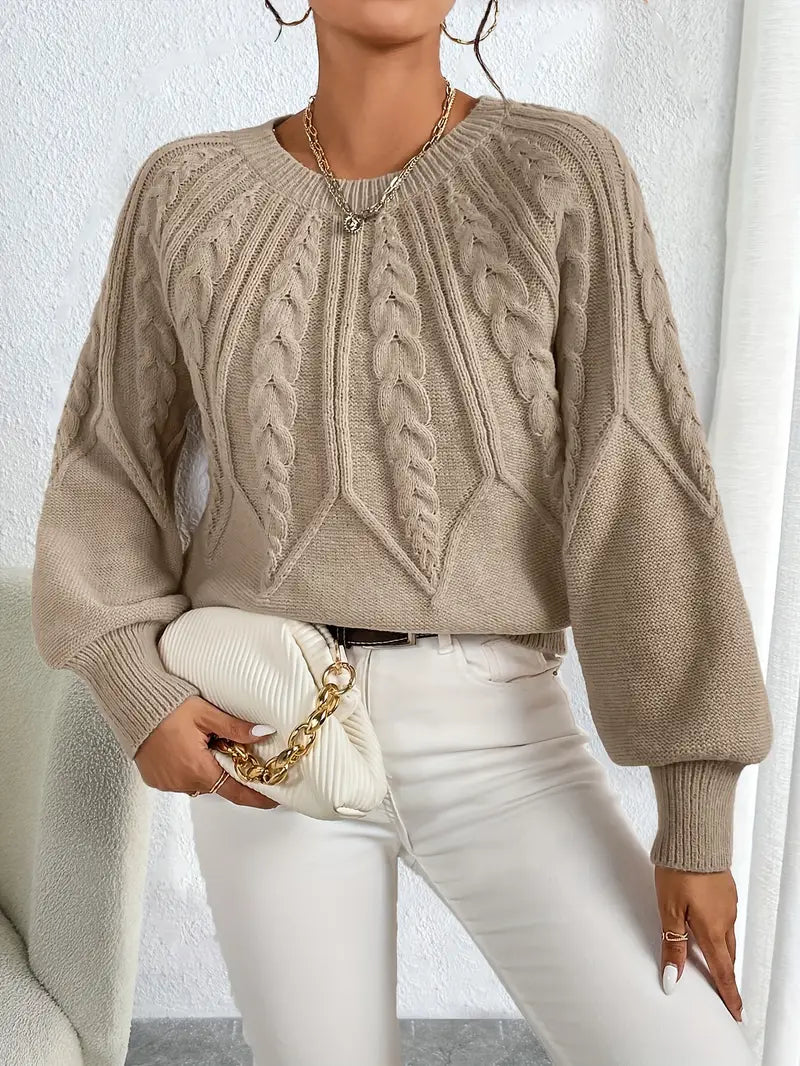 Women's Puff Sleeve Cable Sweater – Crew Neck Knit Jumper