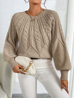 Women's Puff Sleeve Cable Sweater – Crew Neck Knit Jumper
