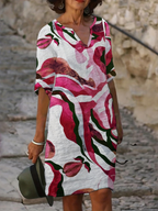 Women's Printed Summer Dress – V-Neck Three-Quarter Sleeve Dress
