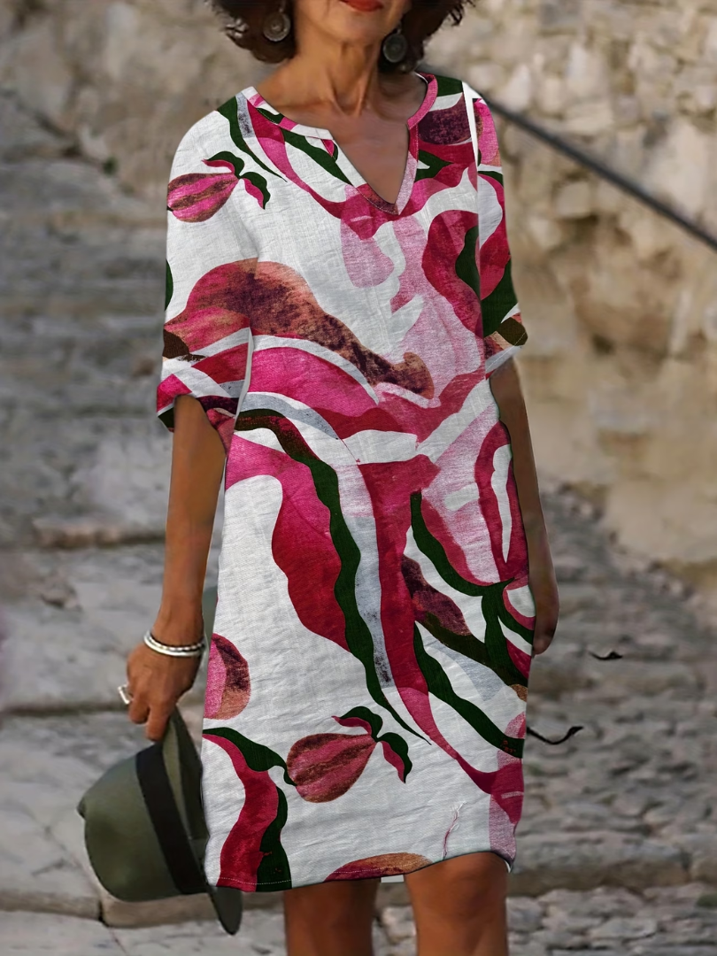 Women's Printed Summer Dress – V-Neck Three-Quarter Sleeve Dress