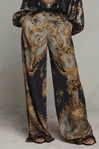 Women's Long Sleeve Printed Jumpsuit – Baroque Pattern Flowy Wide Leg Jumpsuit