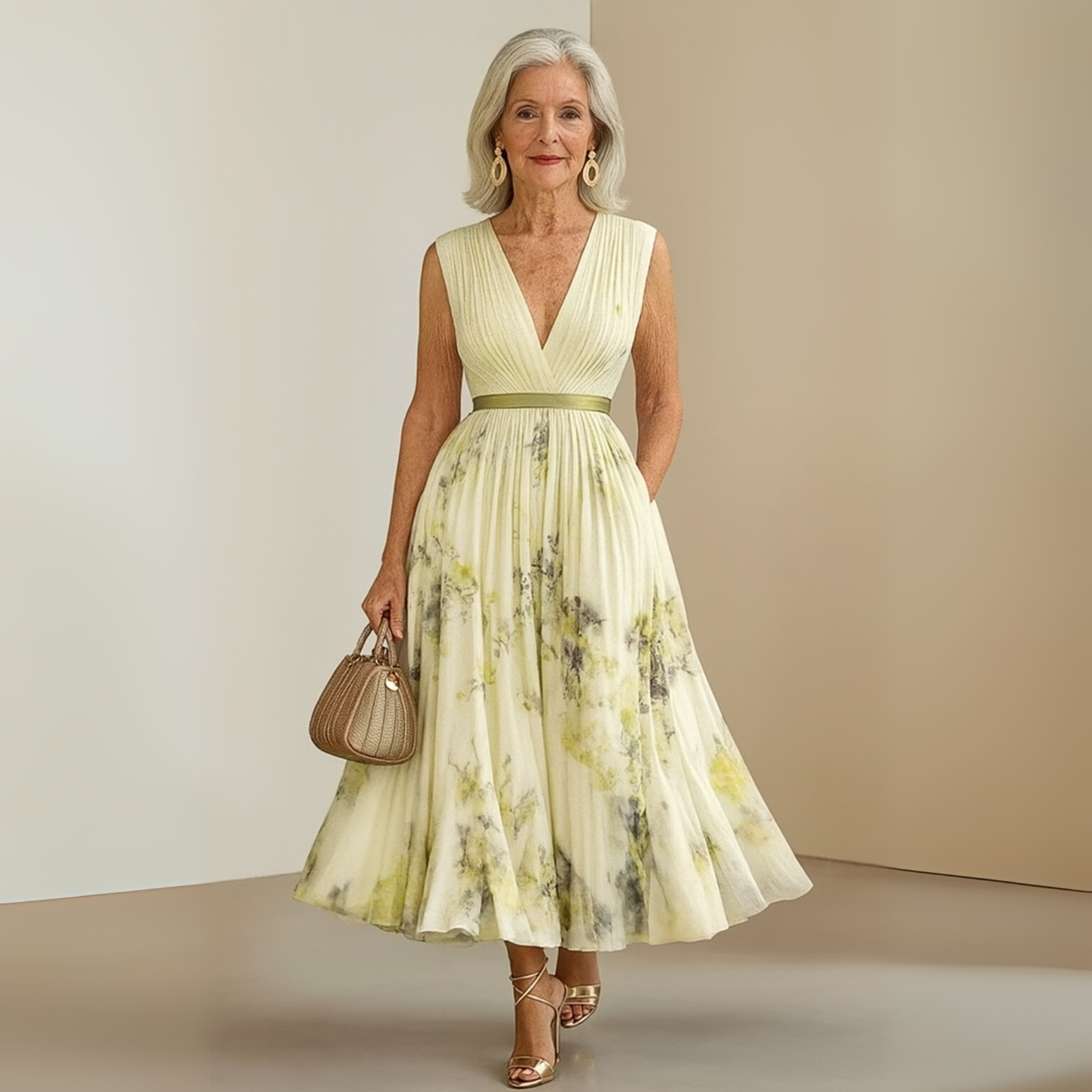 Women's Wedding Guest Floral Maxi Dress – Sleeveless Pleated Flowy Dress
