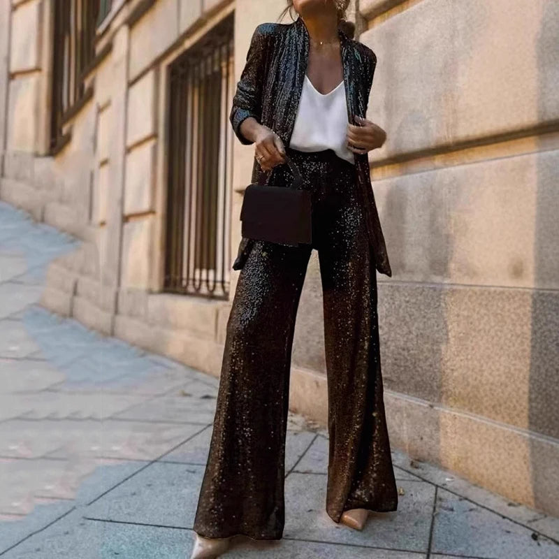 Women's Sequin Pants Set – Fitted Top High Waist Party Set