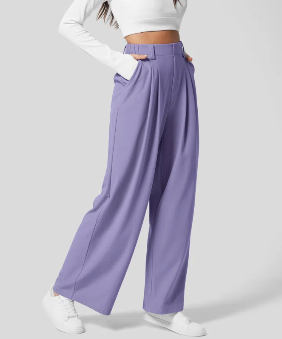 Women's Elastic Waist Wide Leg Pants – High Waist Four Pocket Trousers